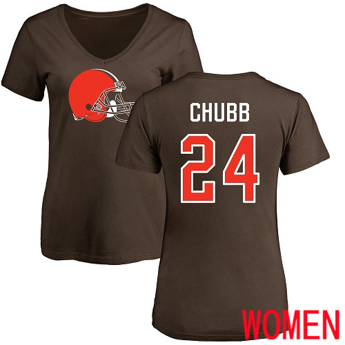 Cleveland Browns Nick Chubb Women Brown Jersey #24 NFL Football Name and Number Logo T Shirt->women nfl jersey->Women Jersey